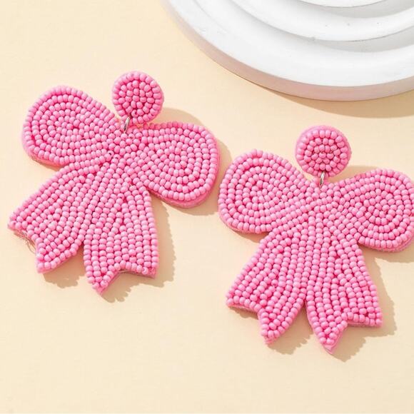 Pink Seed Bead Bow Earrings - Picture 1 of 1